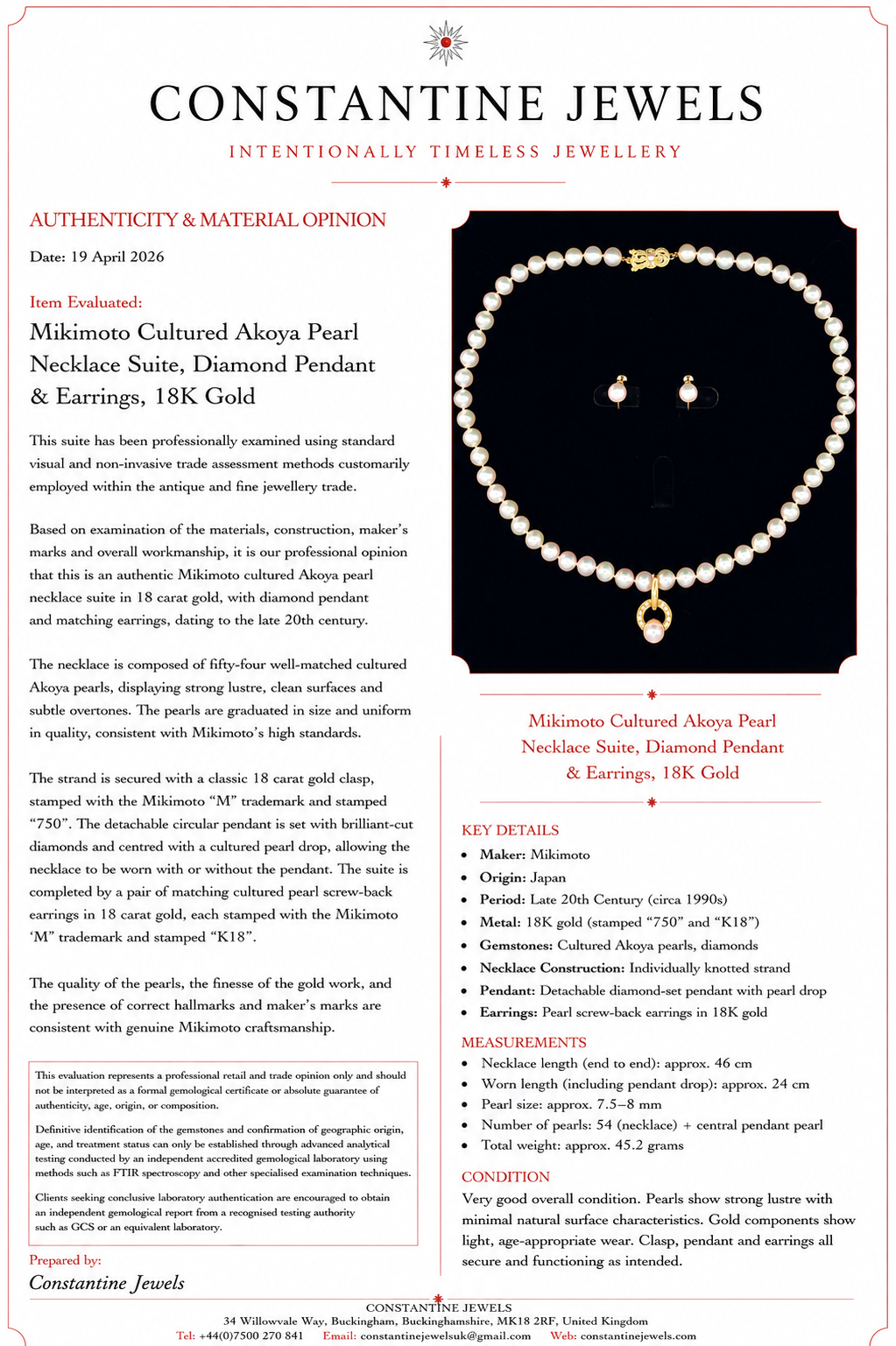Mikimoto Cultured Akoya Pearl Necklace Suite, Diamond Pendant & Earrings, 18K Gold