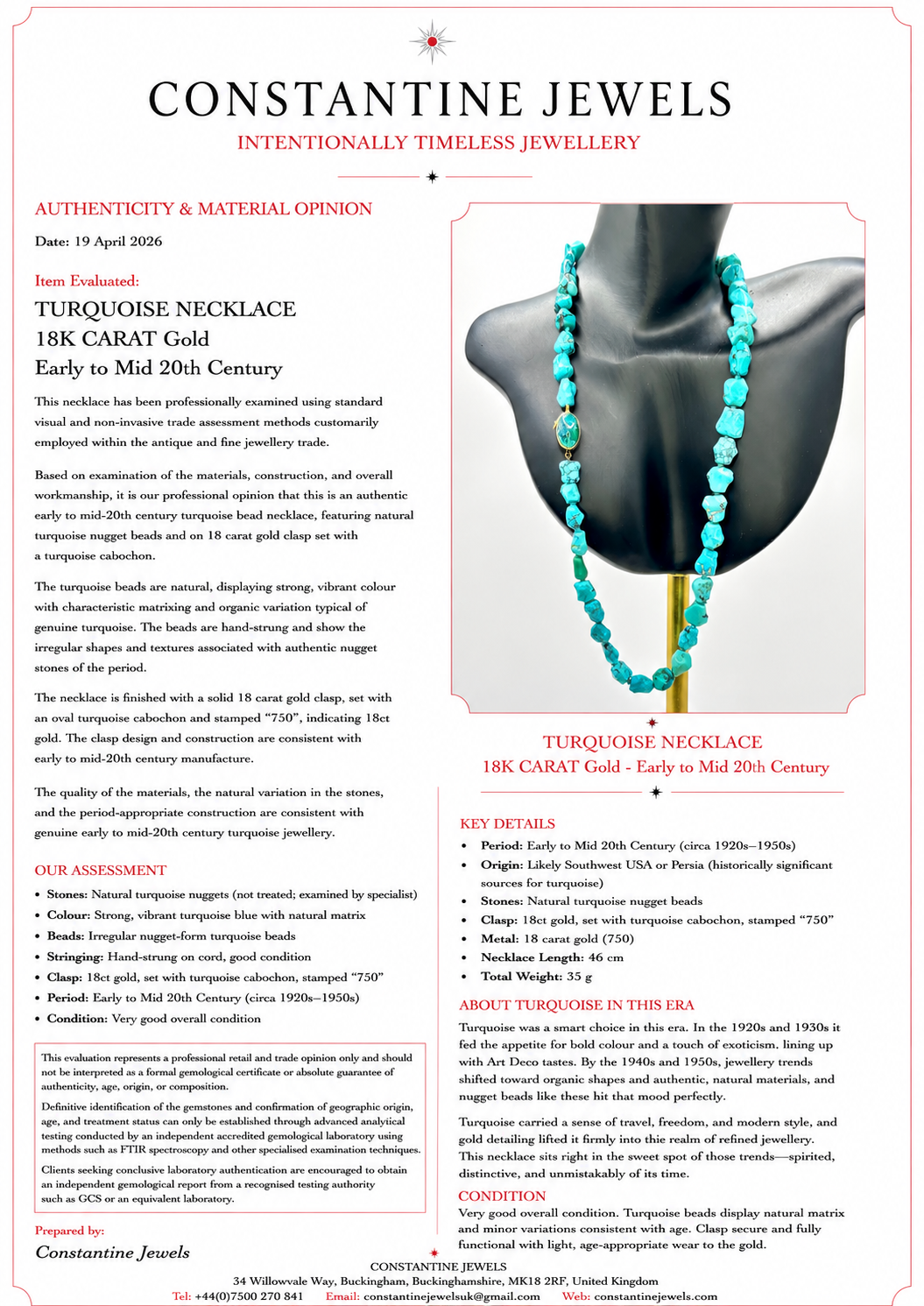 TURQUOISE NECKLACE 18K CARAT Gold - Early to Mid 20th Century