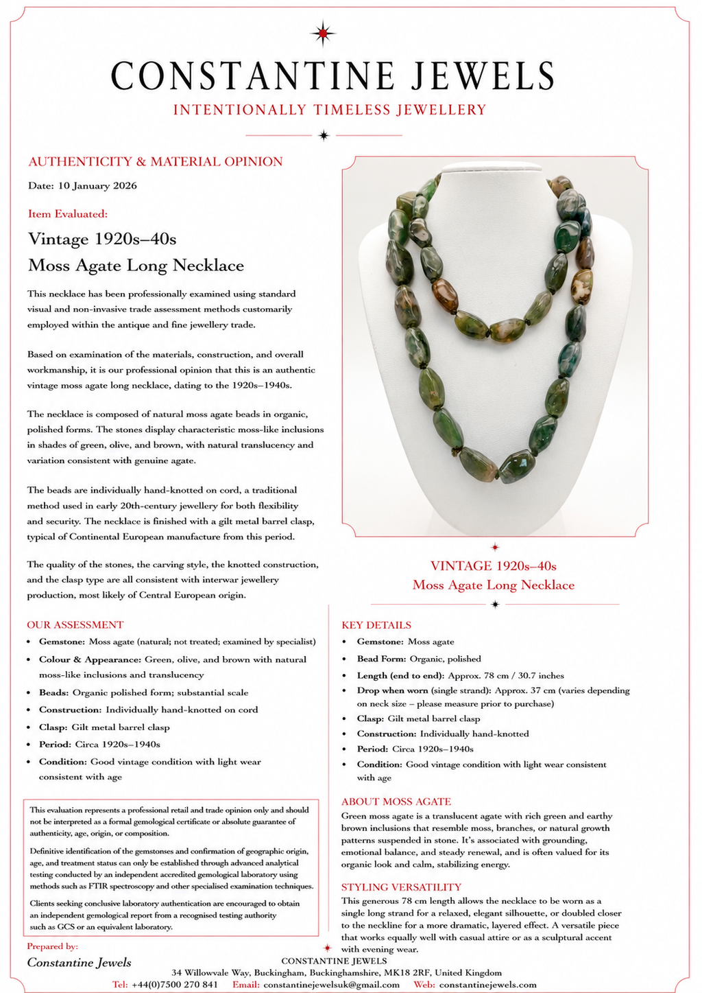Vintage 1920s–40s Moss Agate Long Necklace