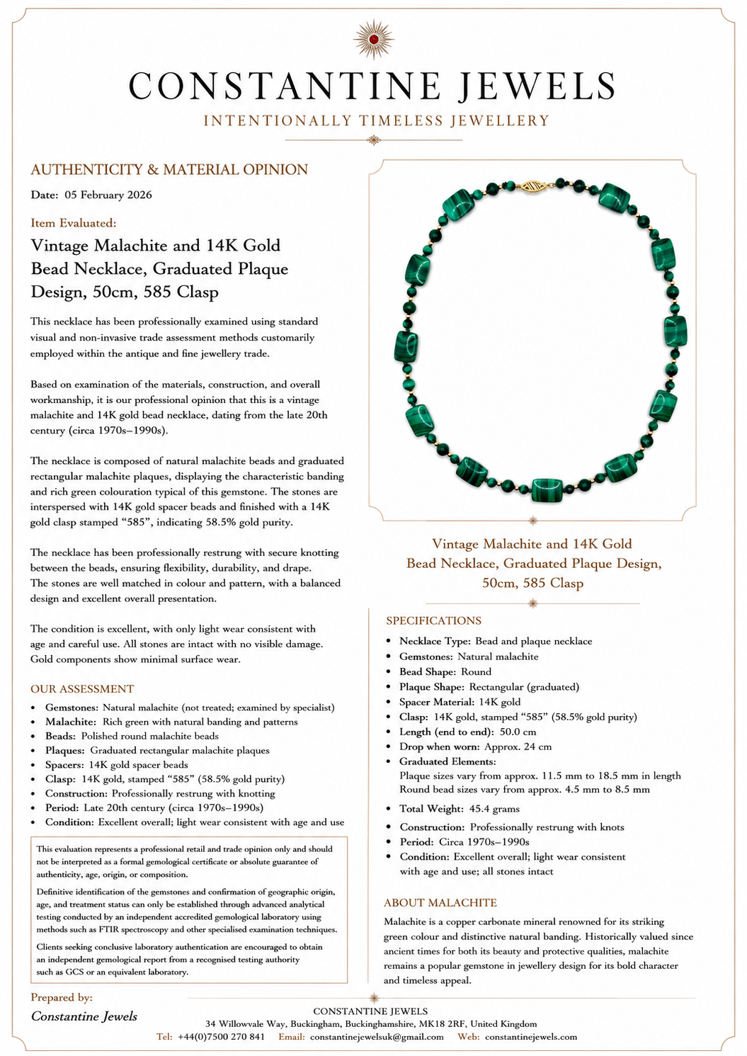 Vintage Malachite and 14K Gold Bead Necklace, Graduated Plaque Design, 50cm, 585 Clasp