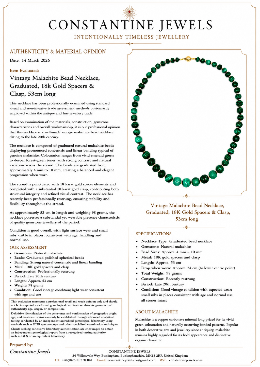 Vintage Malachite Bead Necklace, Graduated, 18k Gold Spacers & Clasp, 53cm long