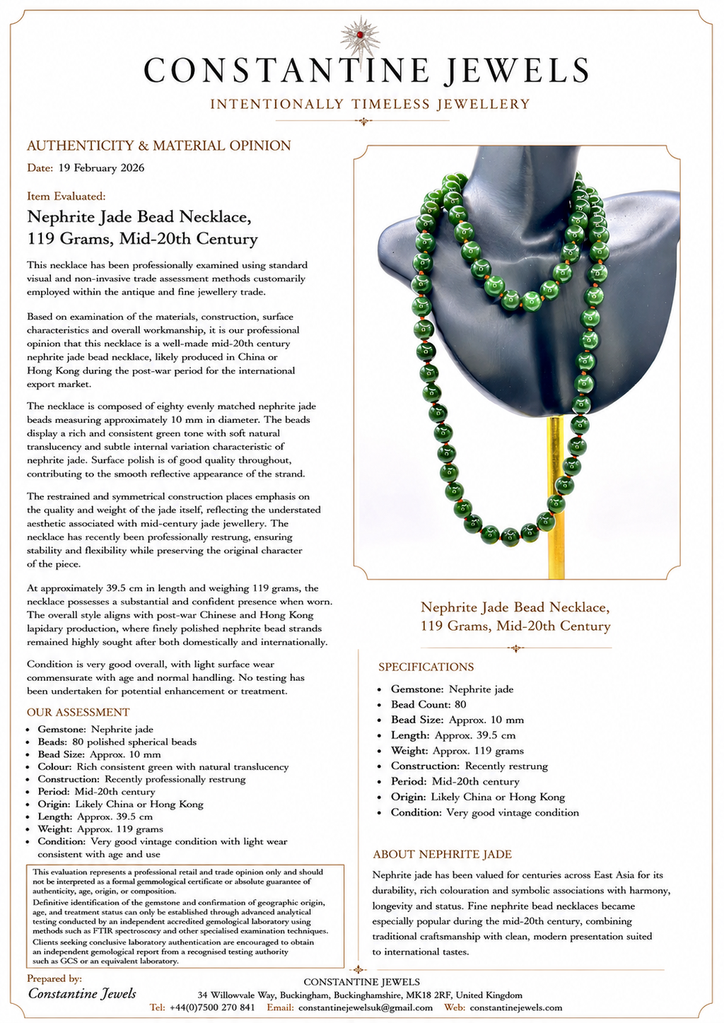 Nephrite Jade Bead Necklace, 119 Grams, Mid-20th Century