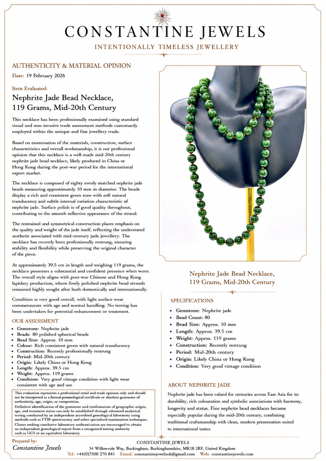 Nephrite Jade Bead Necklace, 119 Grams, Mid-20th Century