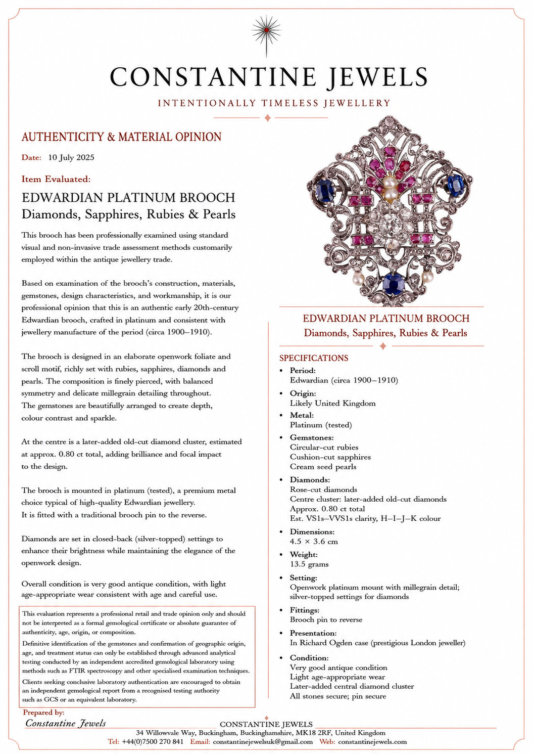 EDWARDIAN PLATINUM BROOCH Diamonds, Sapphires, Rubies & Pearls