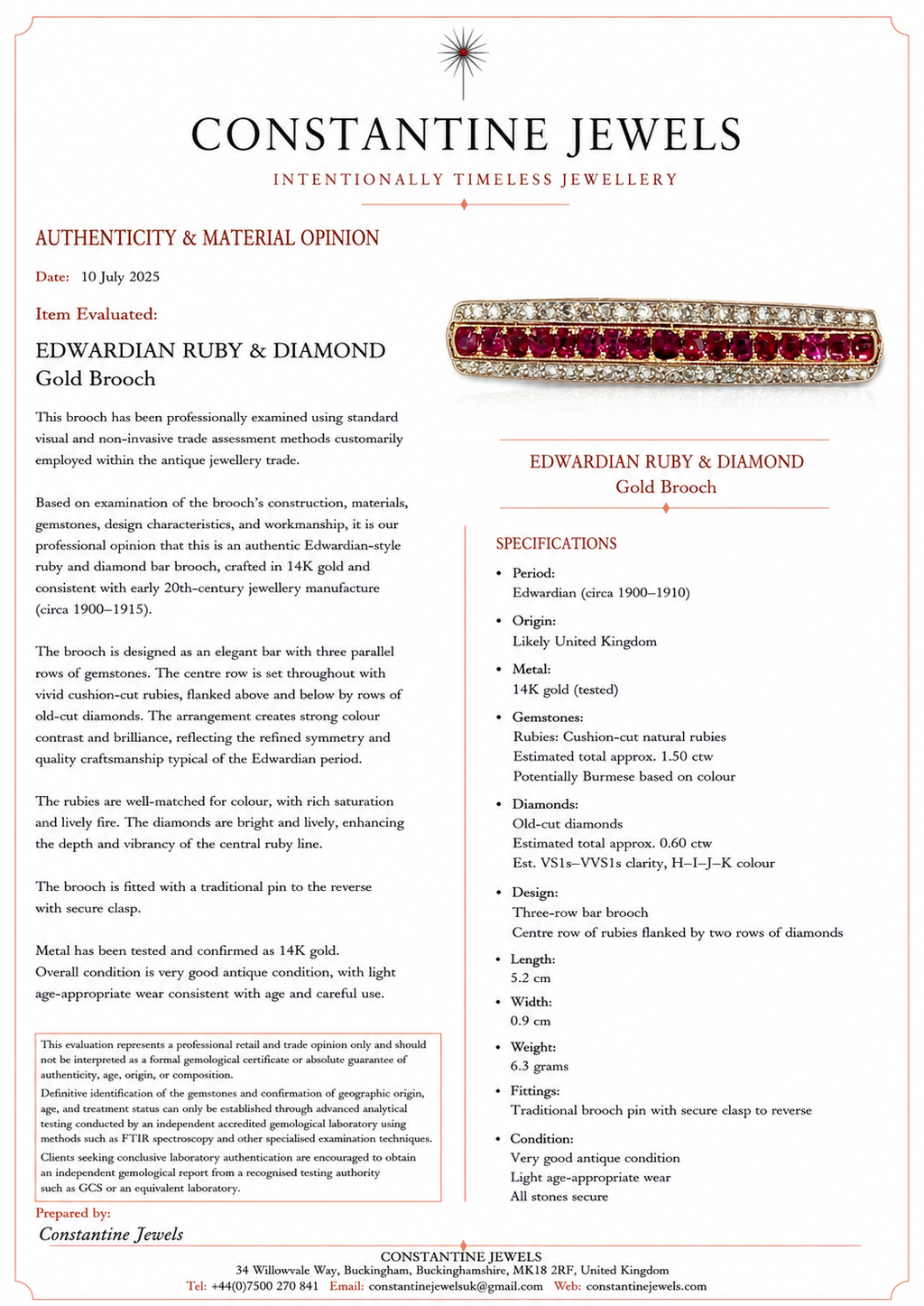 EDWARDIAN RUBY & DIAMOND and Gold Brooch