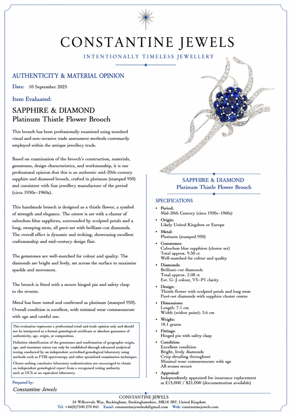 SAPPHIRE & DIAMOND Platinum Thistle Flower Brooch
