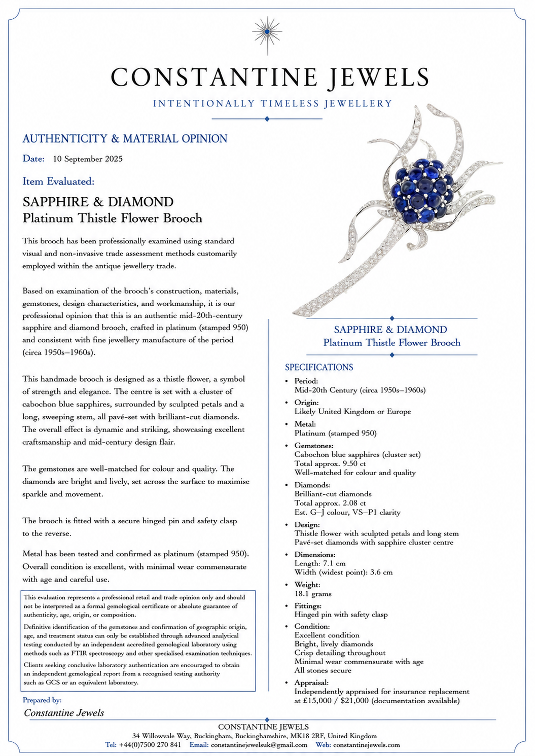 SAPPHIRE & DIAMOND Platinum Thistle Flower Brooch