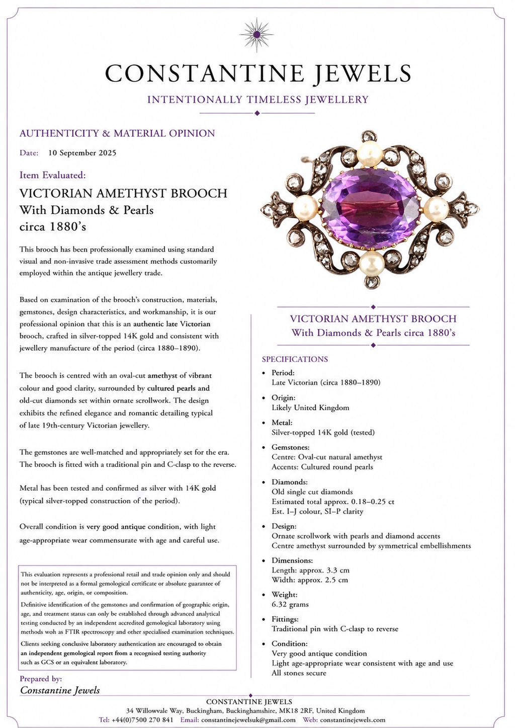 VICTORIAN AMETHYST BROOCH With Diamonds & Pearls from the 1880’s