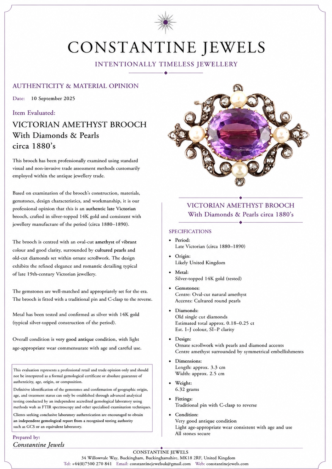 VICTORIAN AMETHYST BROOCH With Diamonds & Pearls from the 1880’s