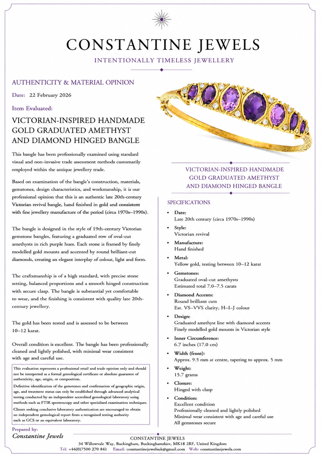 Victorian-Inspired Handmade Gold Graduated Amethyst and Diamond Hinged Bangle
