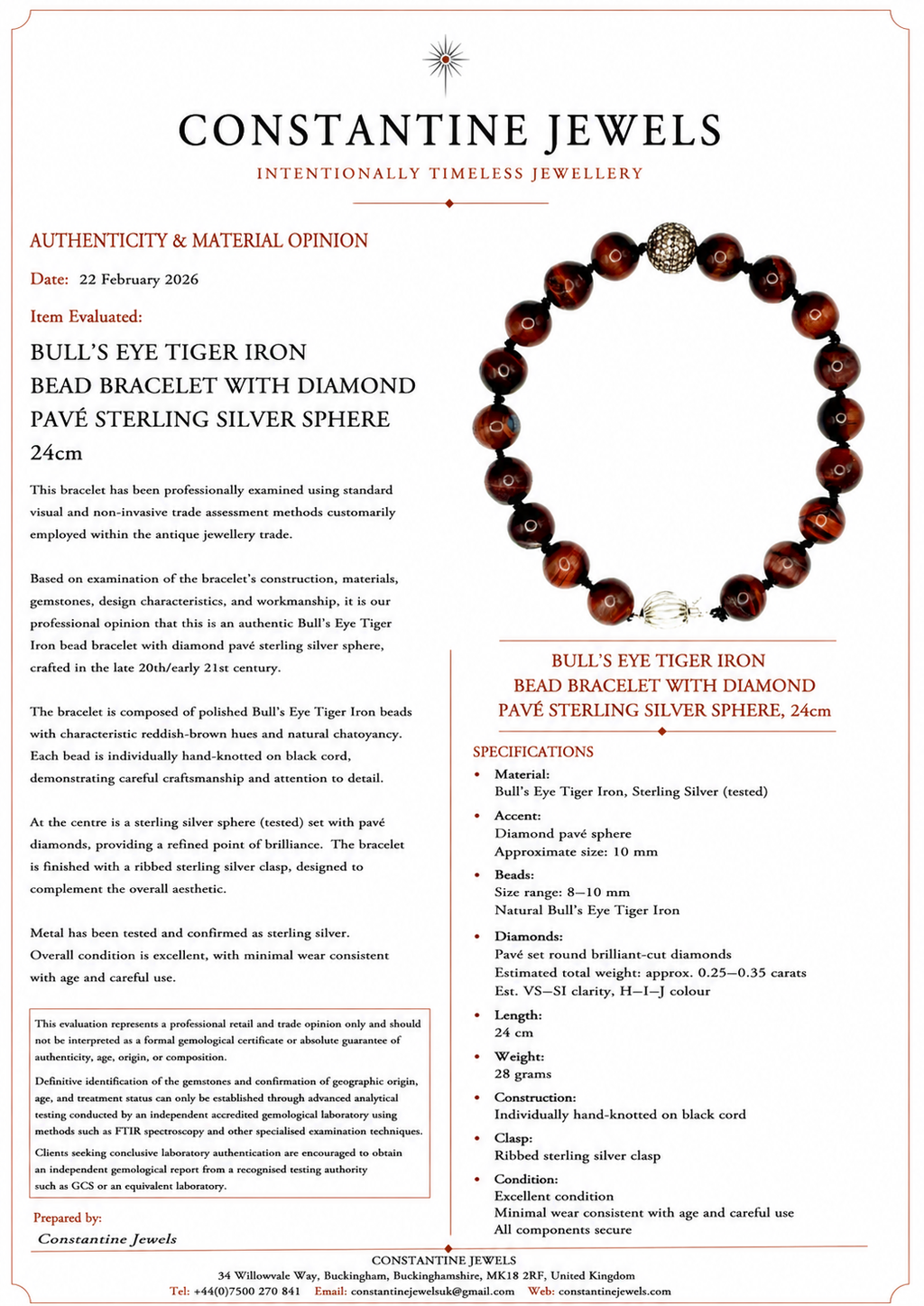 Bull’s Eye Tiger Iron Bead Bracelet with Diamond Pavé Sterling Silver Sphere, 24cm