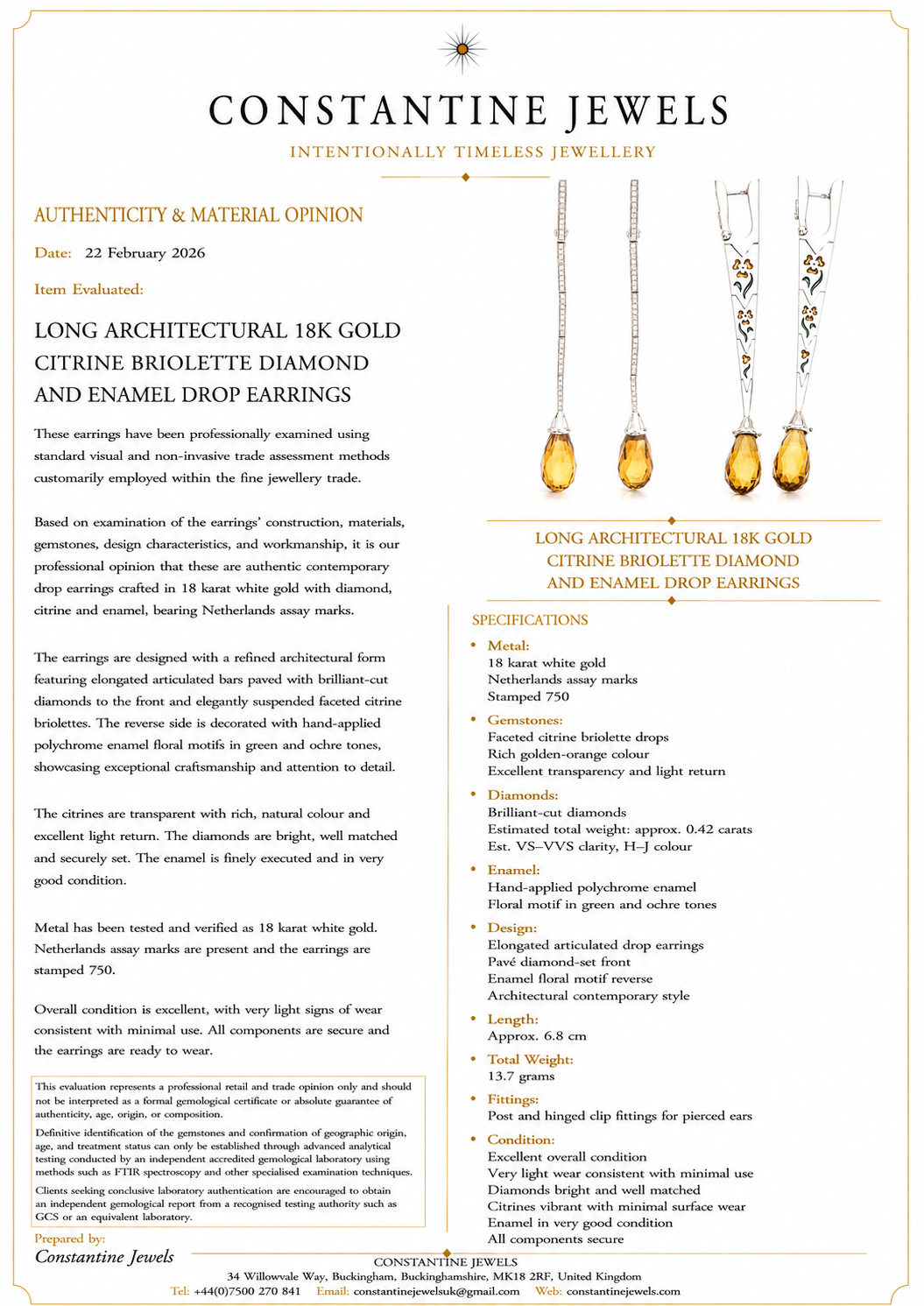 Long Architectural 18K Gold Citrine Briolette Diamond and Enamel Drop Earrings