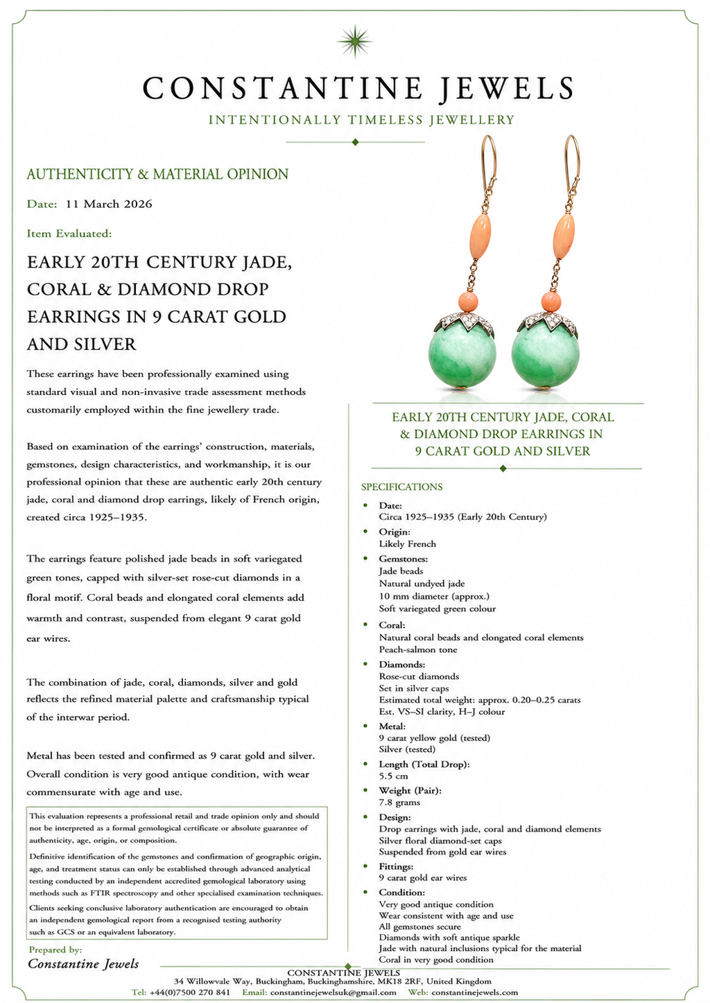 Early 20th Century Jade, Coral & Diamond Drop Earrings in 9 Carat Gold and silver