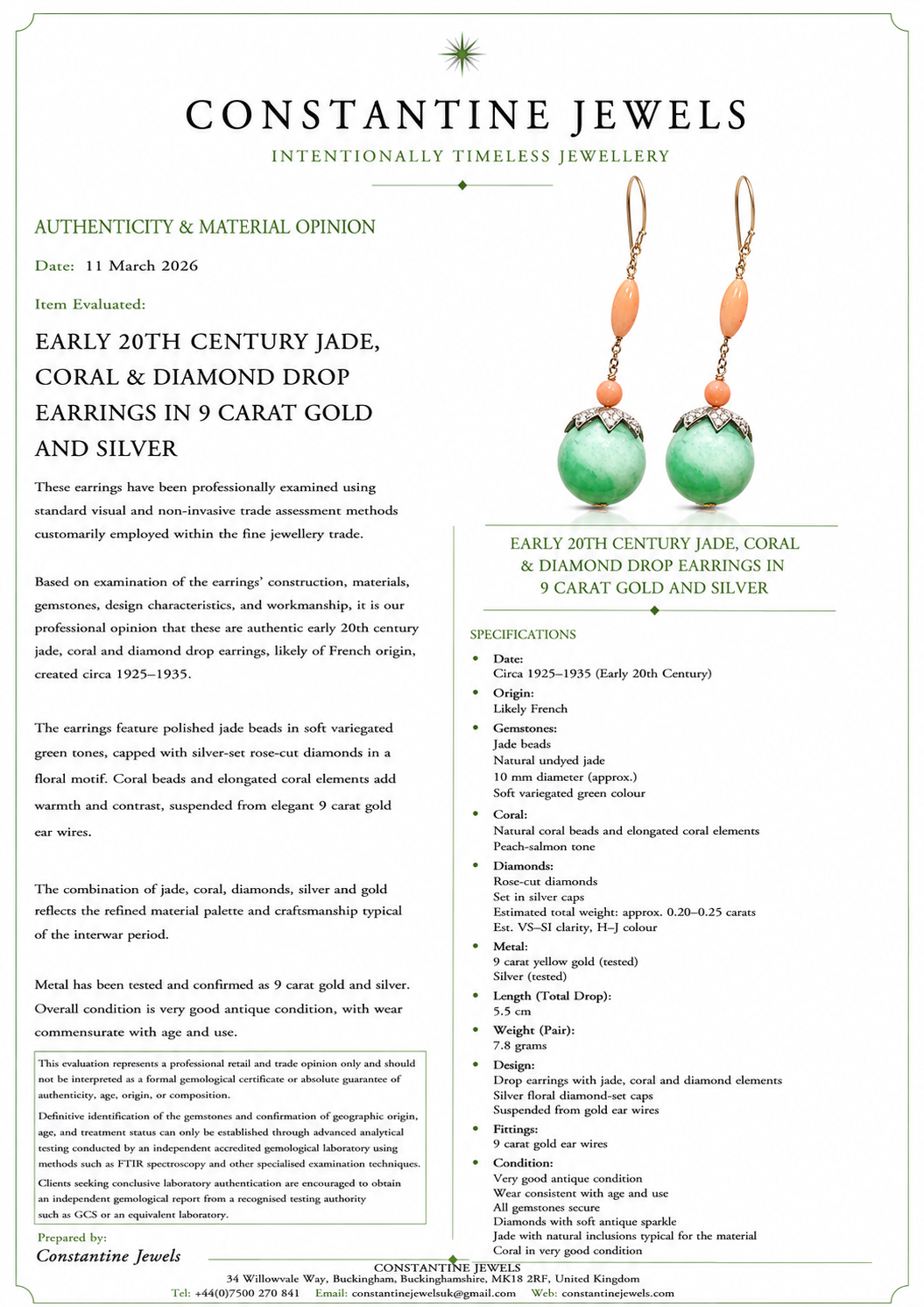 Early 20th Century Jade, Coral & Diamond Drop Earrings in 9 Carat Gold and silver