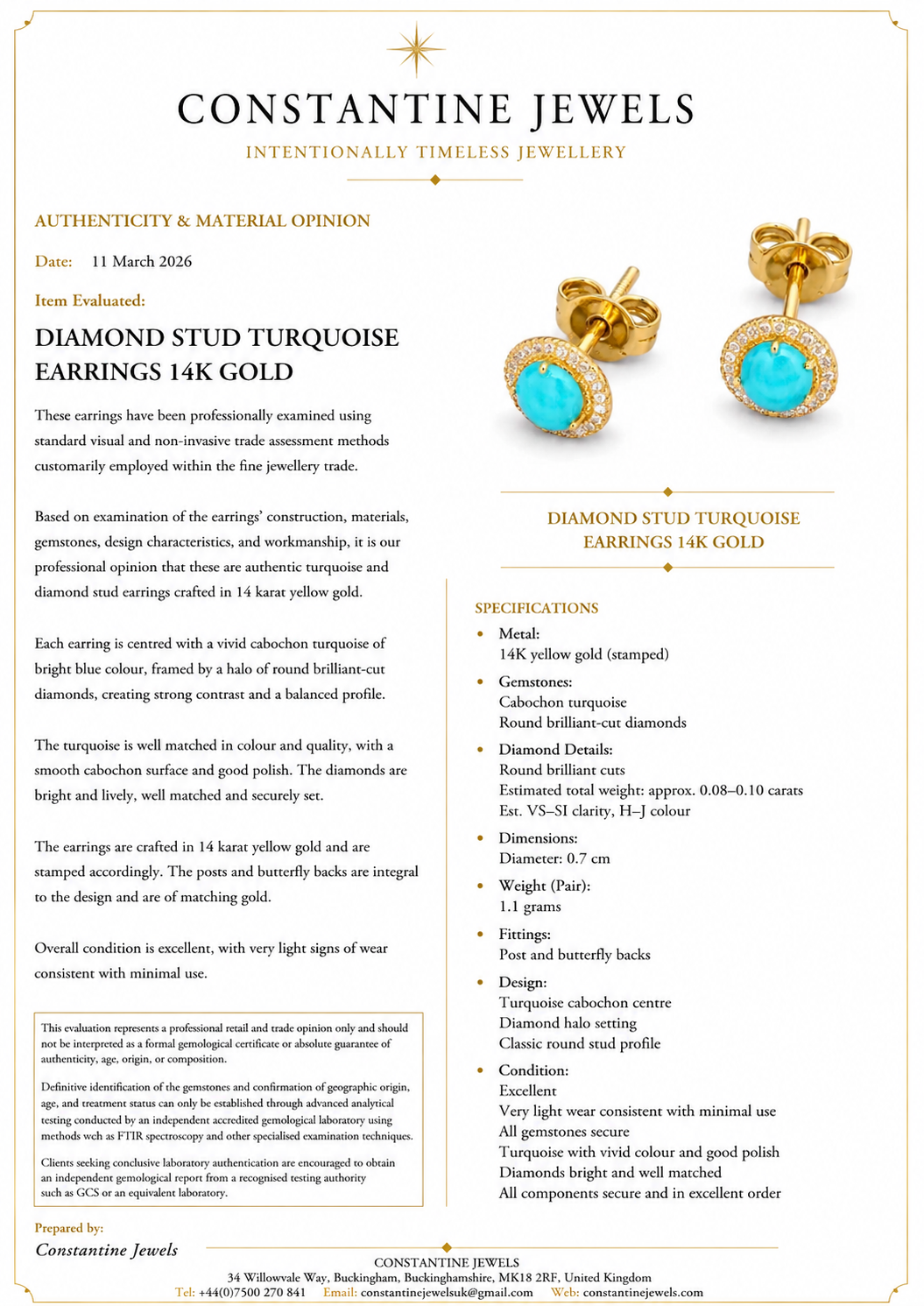 Diamond Stud Turquoise Earrings 14K Gold