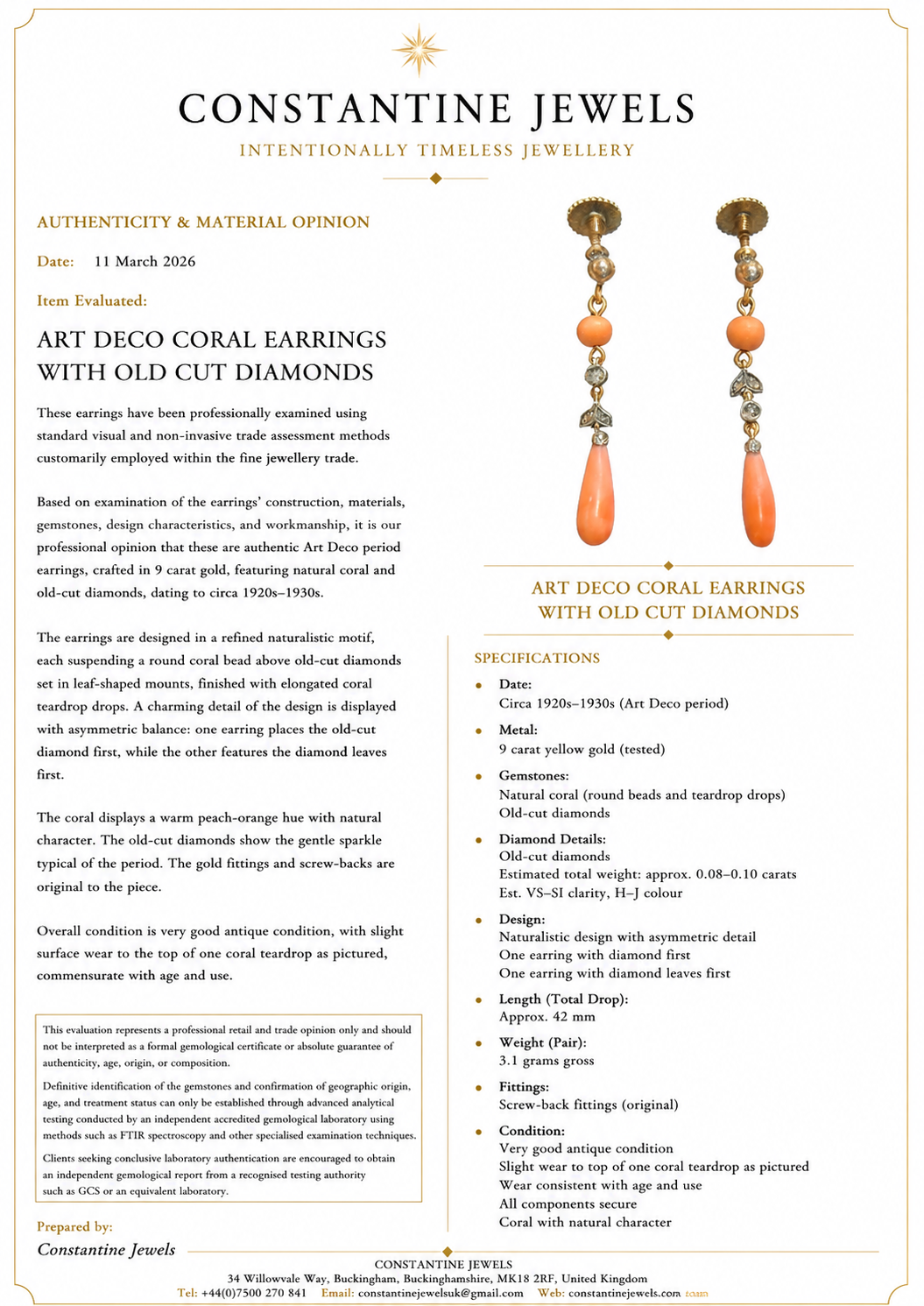 ART DECO CORAL Earrings with old cut diamonds