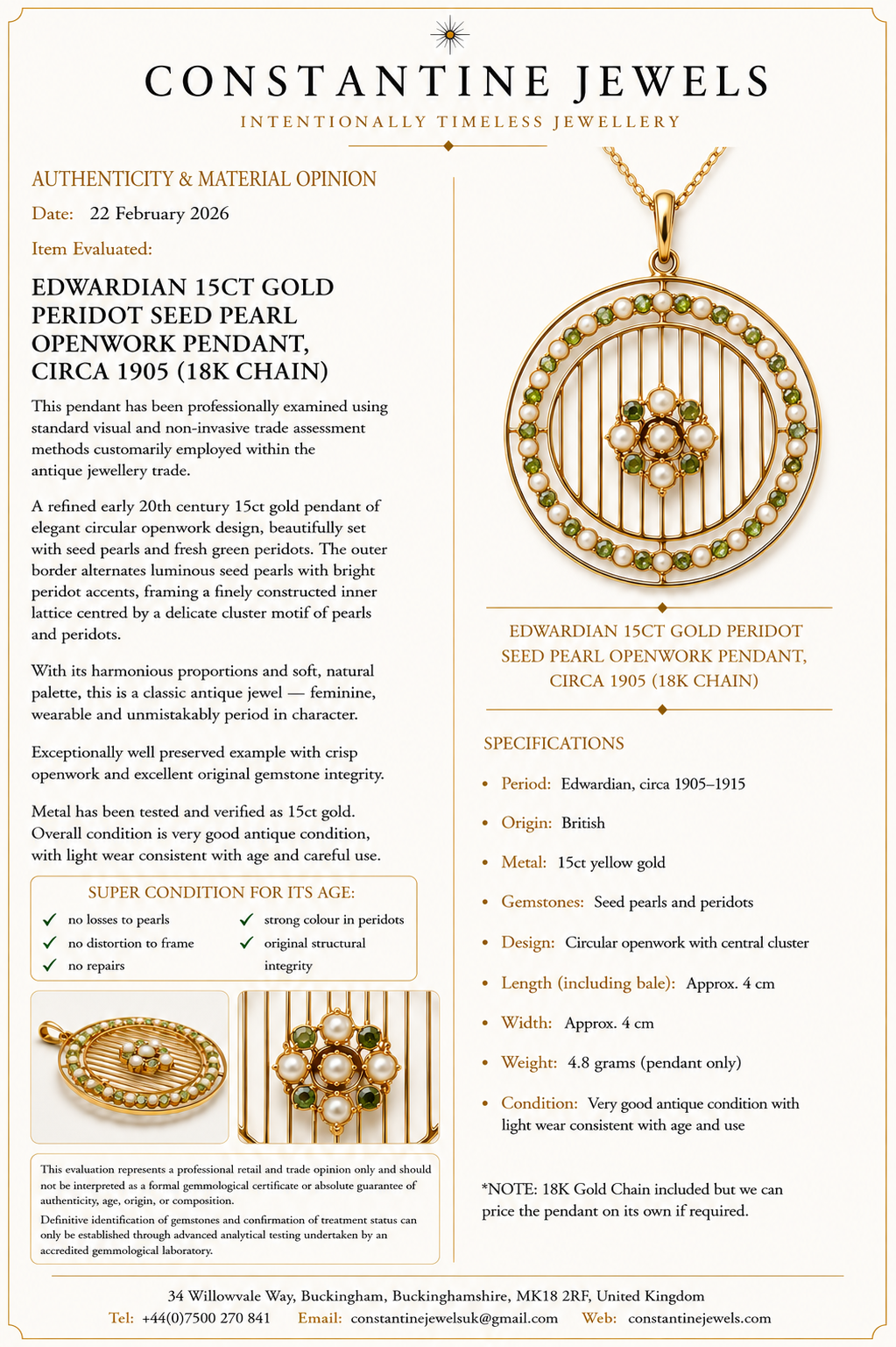 Edwardian 15ct Gold Peridot Seed Pearl Openwork Pendant, circa 1905 (18K Chain)
