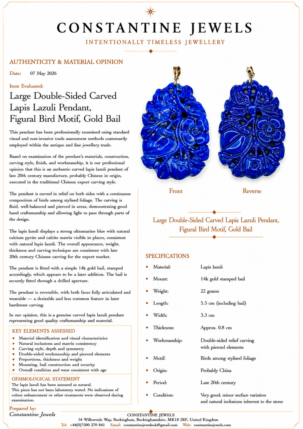 Large Double-Sided Carved Lapis Lazuli Pendant, Figural Bird Motif, Gold Bail