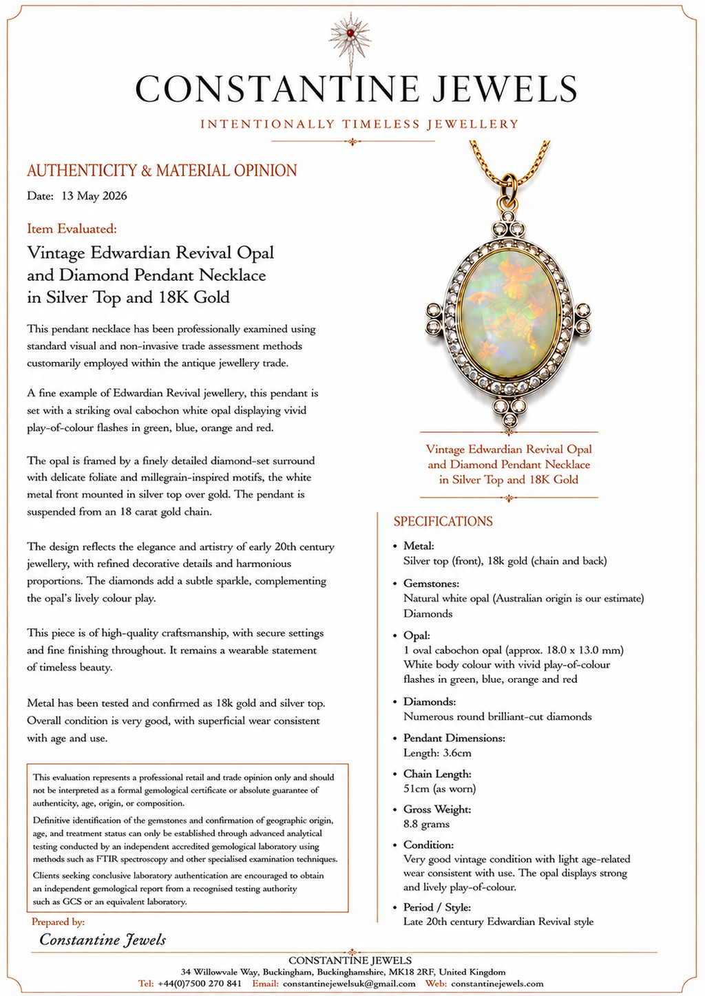 Vintage Edwardian Revival Opal and Diamond Pendant Necklace in 18K Gold with 18K Chain