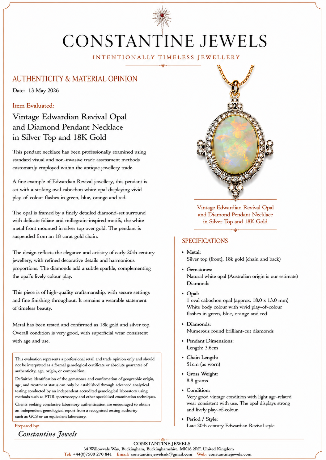 Vintage Edwardian Revival Opal and Diamond Pendant Necklace in 18K Gold with 18K Chain