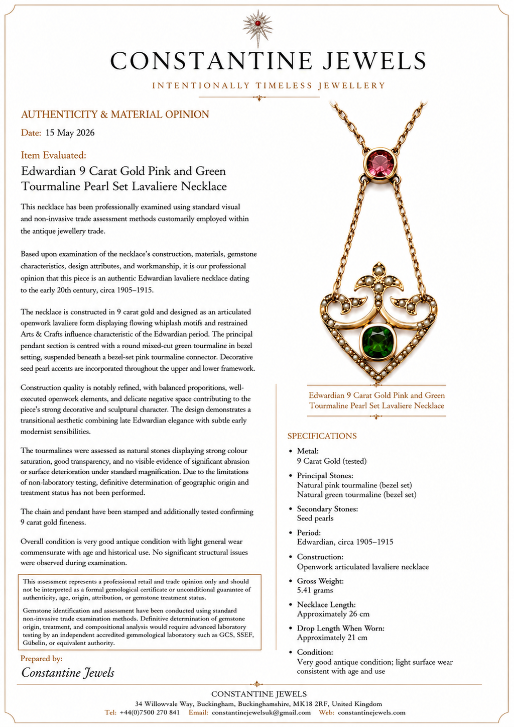 Edwardian 9ct Gold Pink & Apple Green Tourmaline Lavaliere Necklace with Pearls