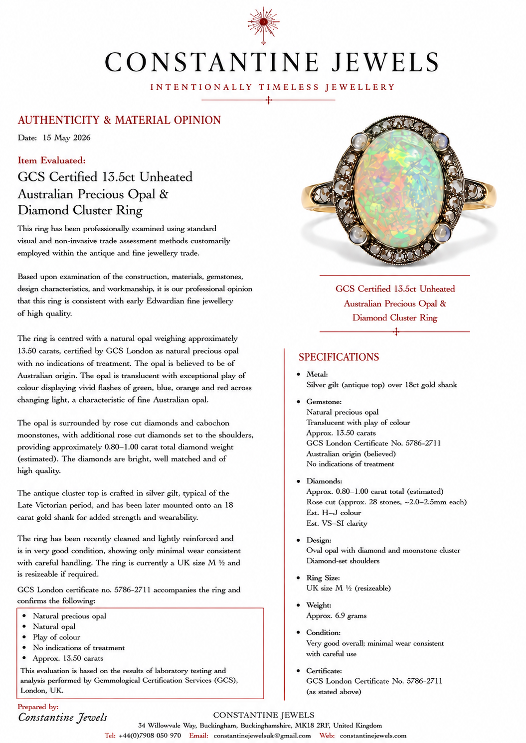 Late Victorian Certified 13.5 Carat Precious Opal Diamond Cluster Ring