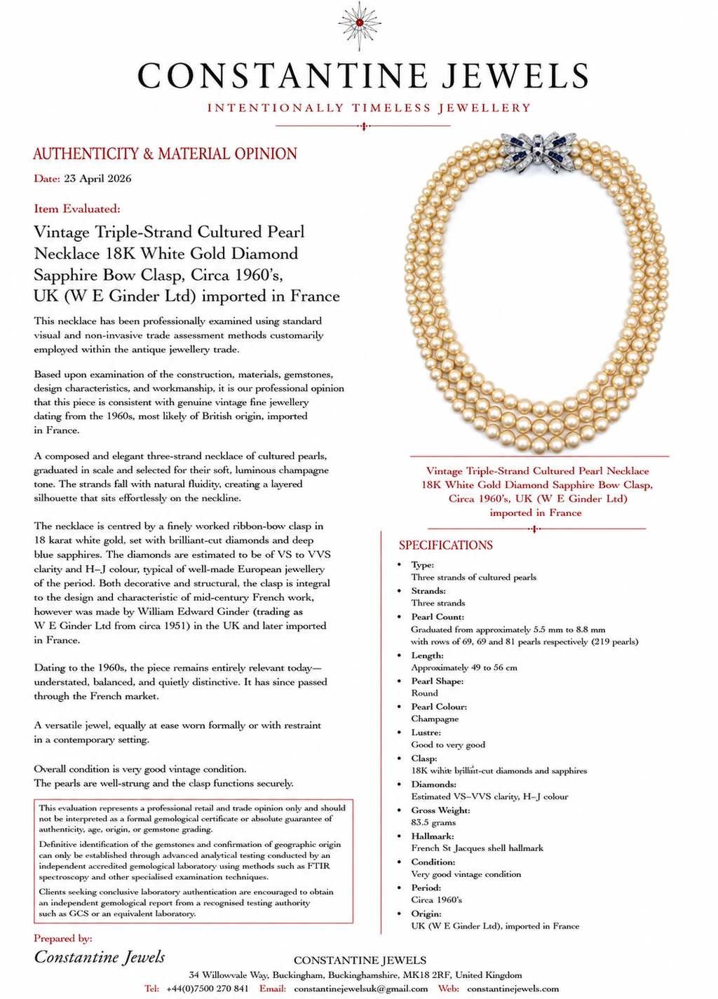 Vintage Triple-Strand Cultured Akoya Pearl Necklace 18K Carat Diamond Sapphire Bow Clasp, Circa 1960’s