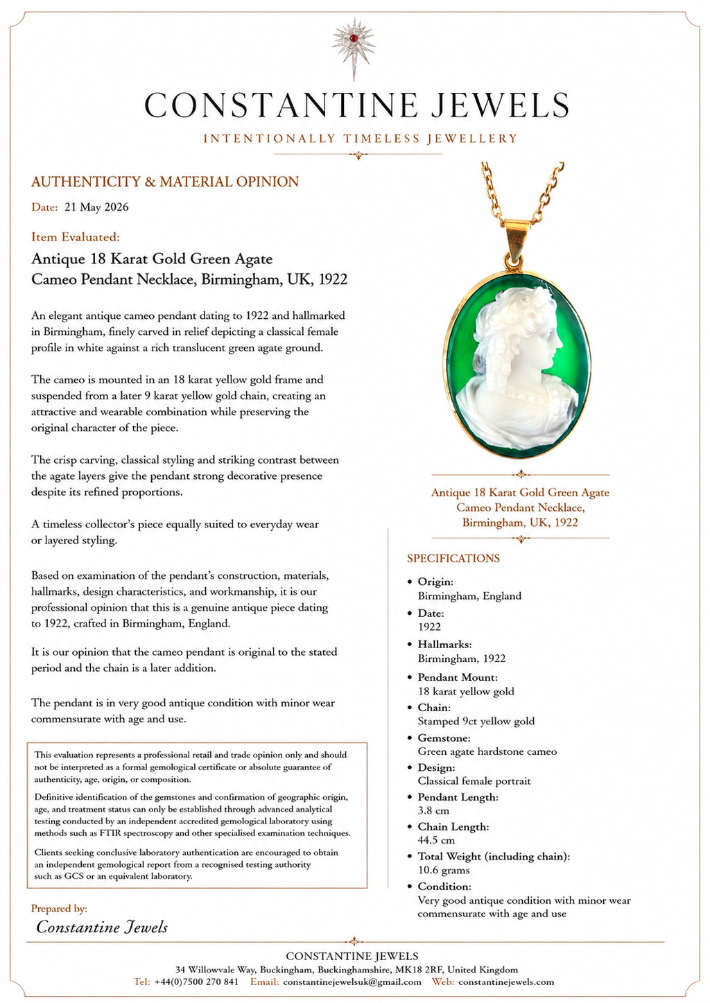 Antique 18 Karat Gold Green Agate Cameo Pendant Necklace, Birmingham, UK, 1922
