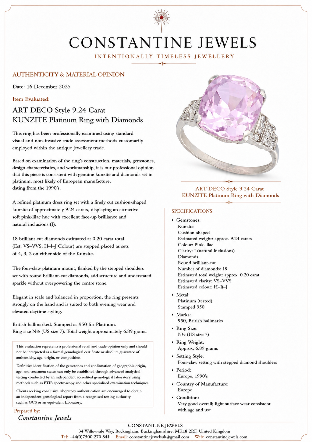 ART DECO Style 9.24 Carat KUNZITE Platinum Ring with Diamonds