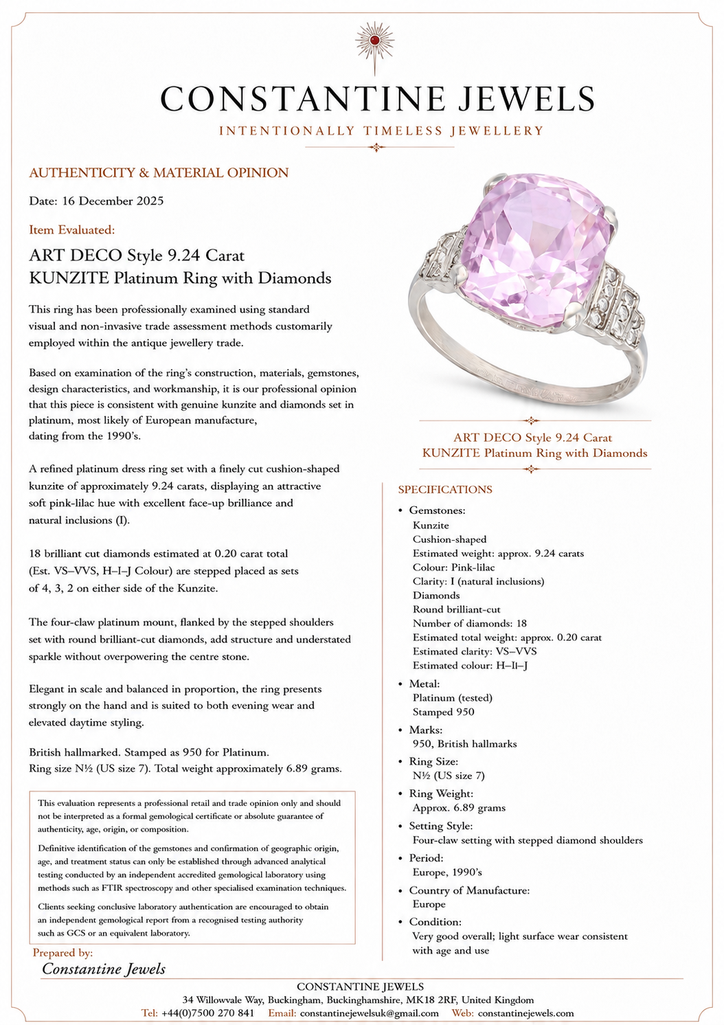 ART DECO Style 9.24 Carat KUNZITE Platinum Ring with Diamonds