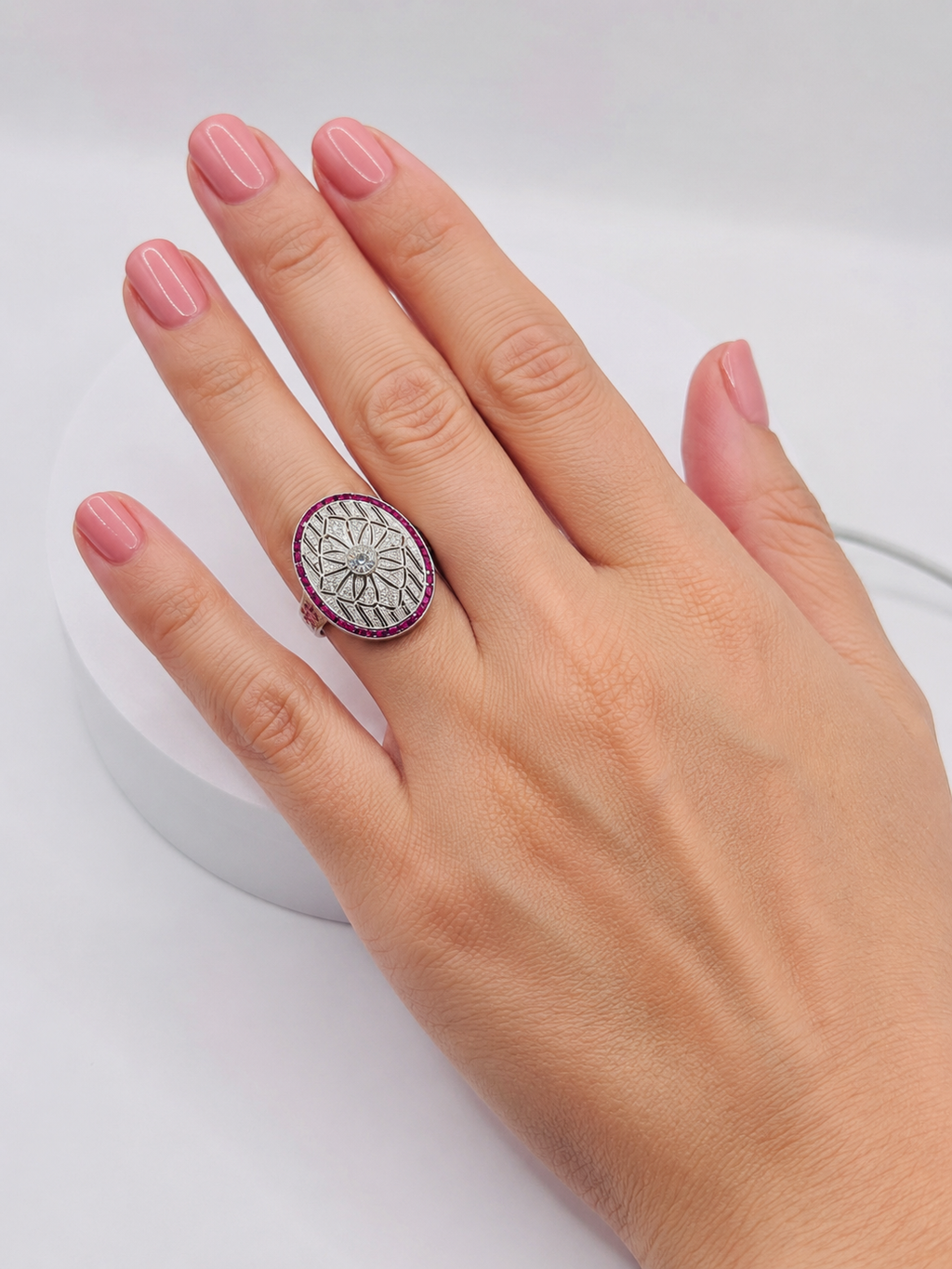 Art Deco Style Platinum Diamond, Calibre Ruby Plaque Ring, Old European Diamond 0.57 carats - overall diamond carat weight 2.07