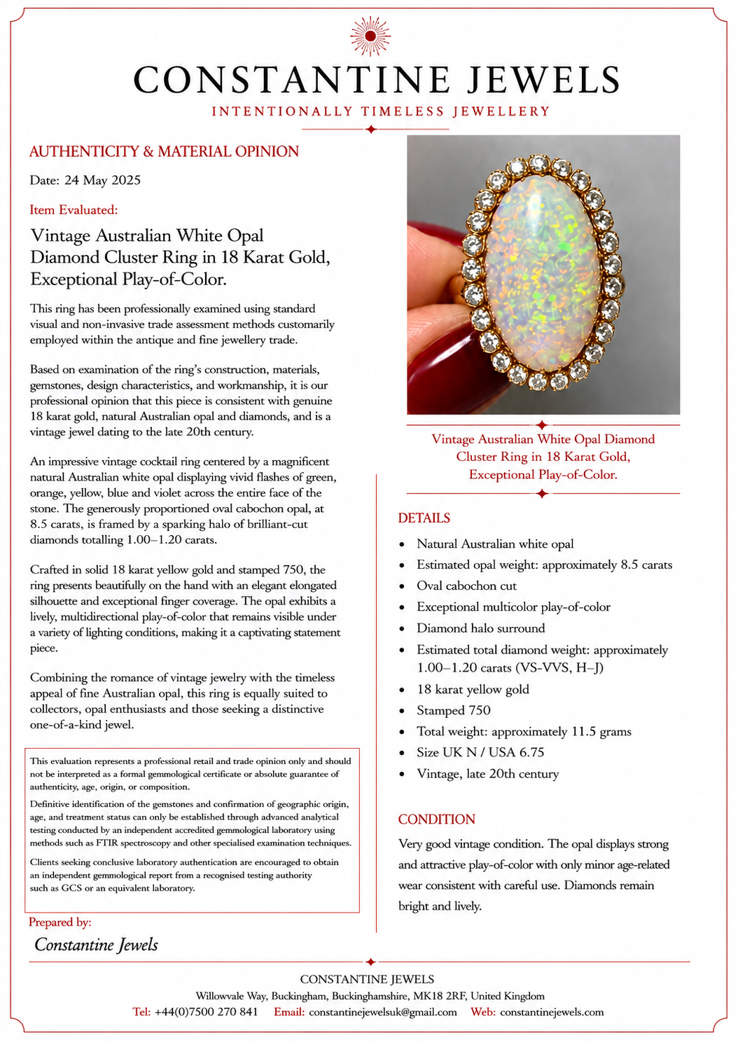 Vintage Large 8.50 carats Australian White Opal Diamond Cluster Ring in 18K Gold