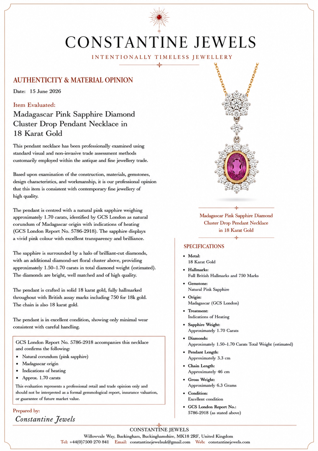 Certified Madagascar Pink Sapphire, Diamond Cluster Pendant Necklace 18K Gold