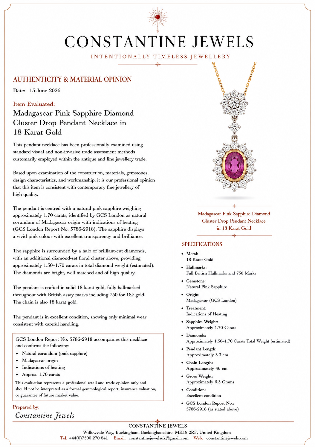 Certified Madagascar Pink Sapphire, Diamond Cluster Pendant Necklace 18K Gold
