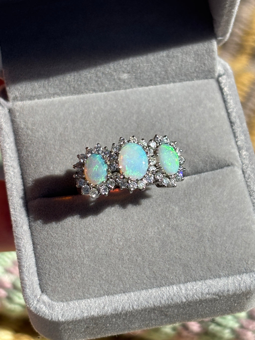 Victorian Style 18ct White Gold Opal Diamond Trilogy Ring 0.50ct