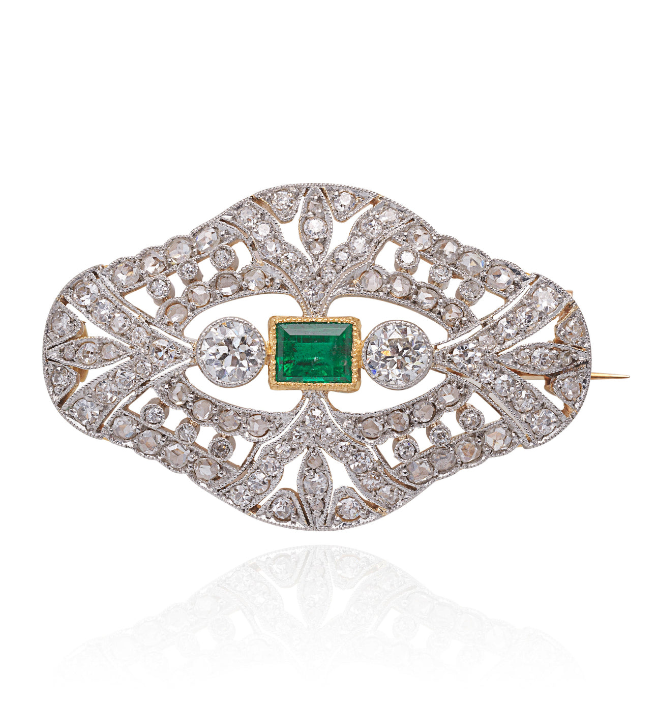 EMERALD & DIAMONDS PLATINUM and Gold Brooch c1910