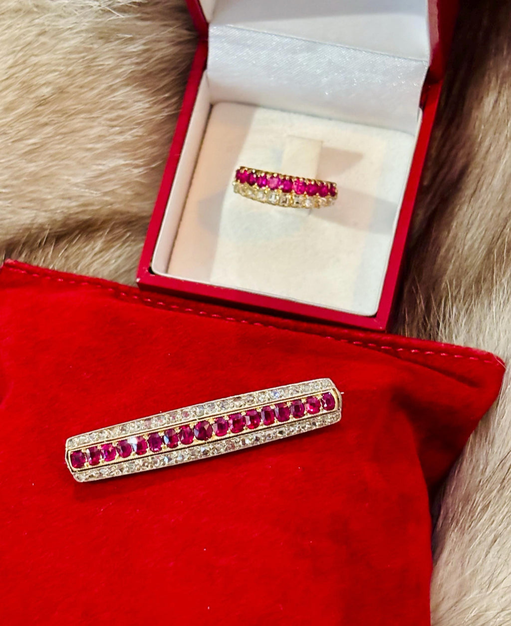 Antique Edwardian Ruby Diamond Brooch & Half Eternity Ring Suite, Circa 1900