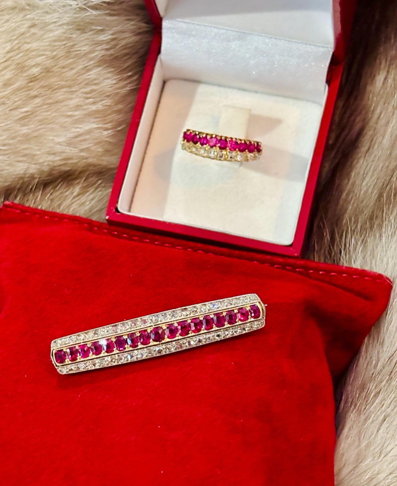 Antique Edwardian Ruby Diamond Brooch & Half Eternity Ring Suite, Circa 1900
