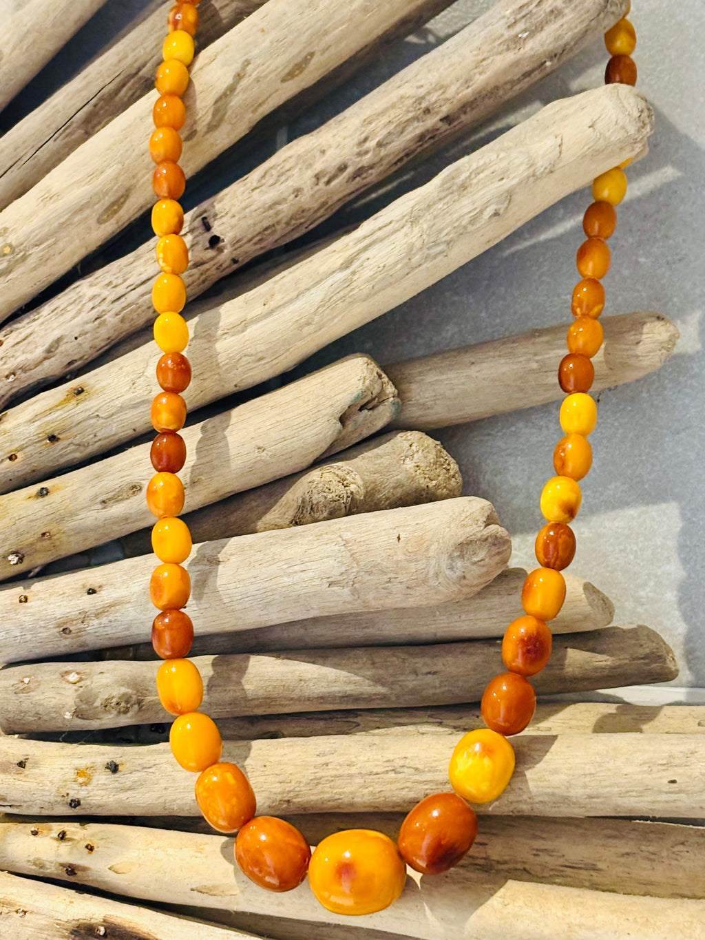 Mid-Century Butterscotch Amber Beads Necklace, 60cm, Gold Clasp