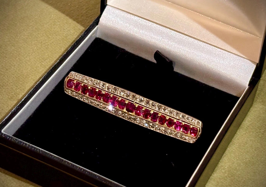 Antique Edwardian Ruby Diamond Brooch & Half Eternity Ring Suite, Circa 1900
