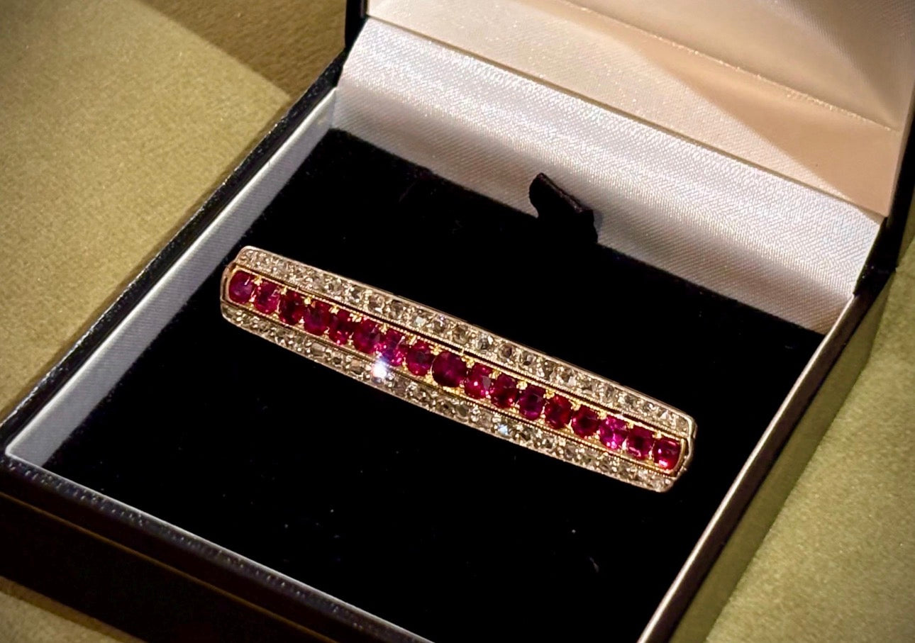 Antique Edwardian Ruby Diamond Brooch & Half Eternity Ring Suite, Circa 1900