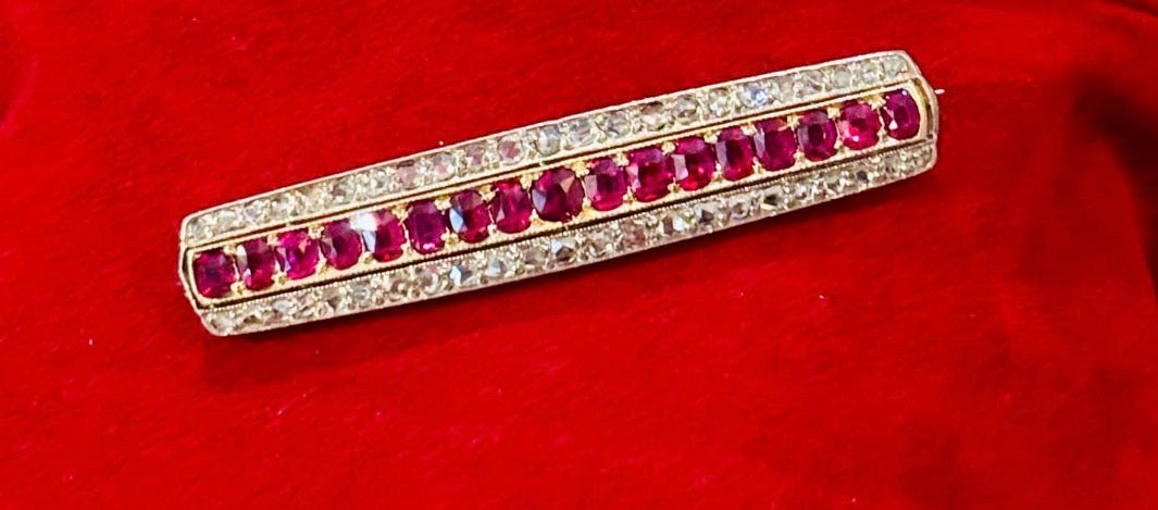 Antique Edwardian Ruby Diamond Brooch & Half Eternity Ring Suite, Circa 1900
