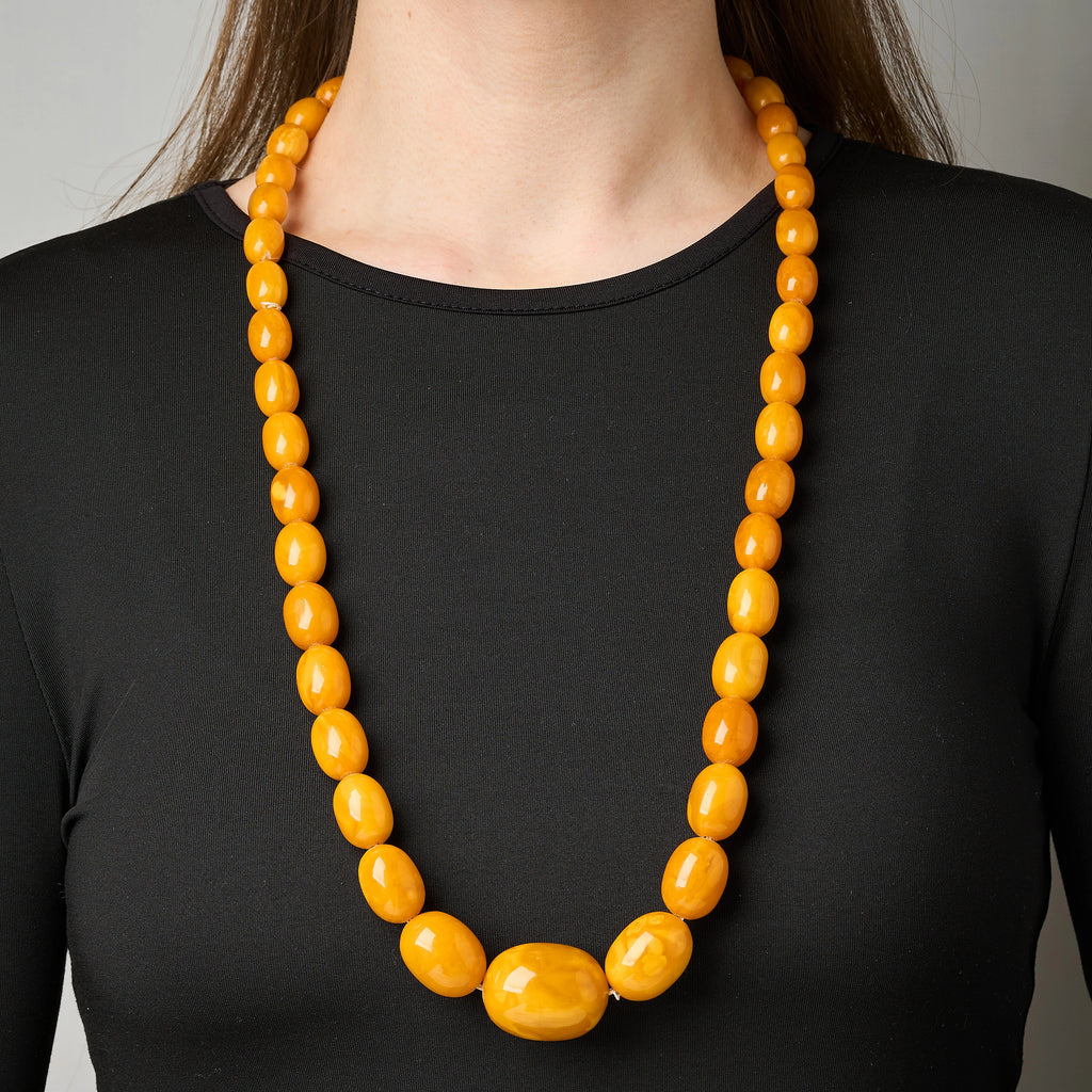 Antique Baltic Butterscotch Amber Bead Necklace, 104g, 30mm Bead Sac Freres