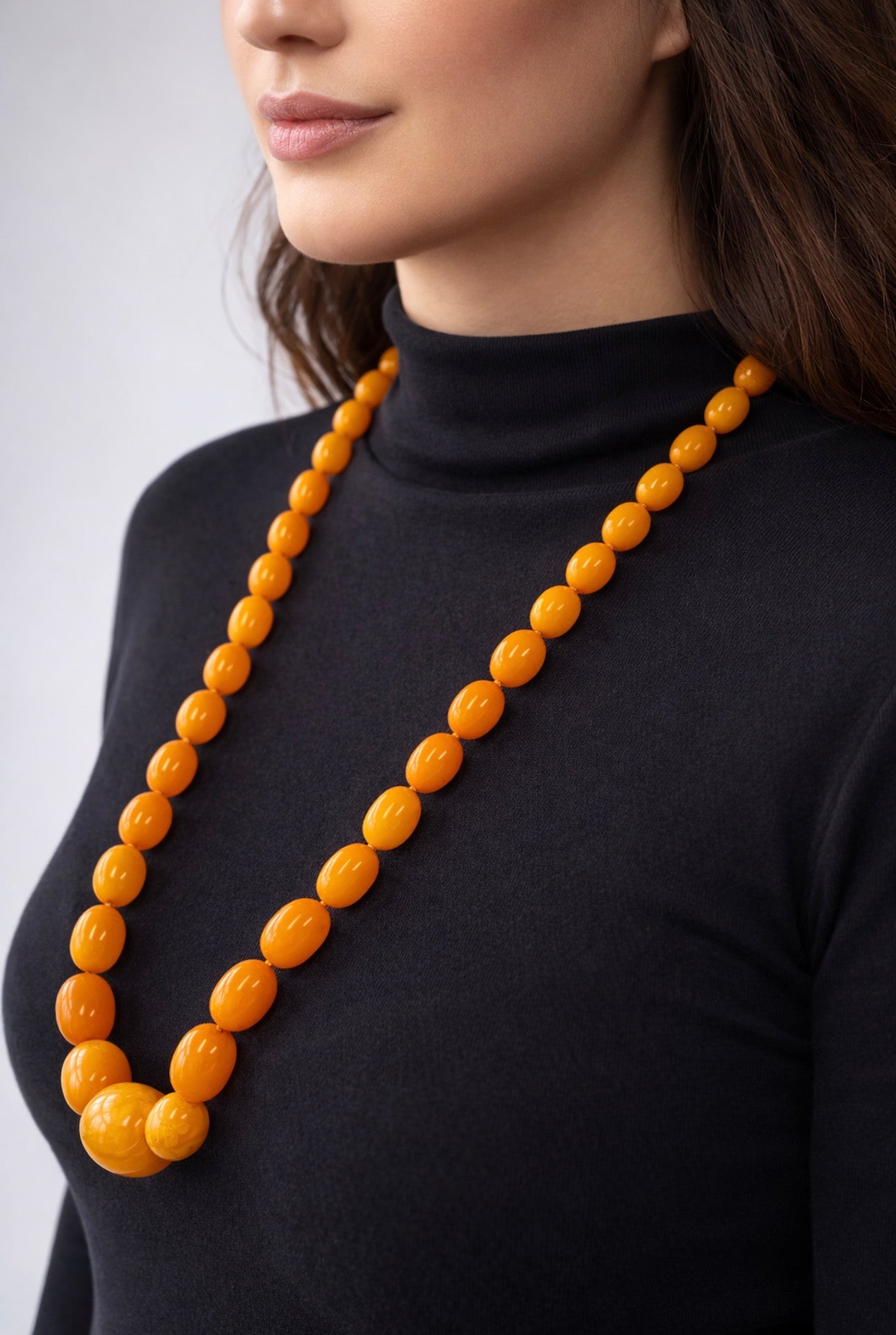Antique Baltic Butterscotch Amber Bead Necklace, 104g, 30mm Bead Sac Freres