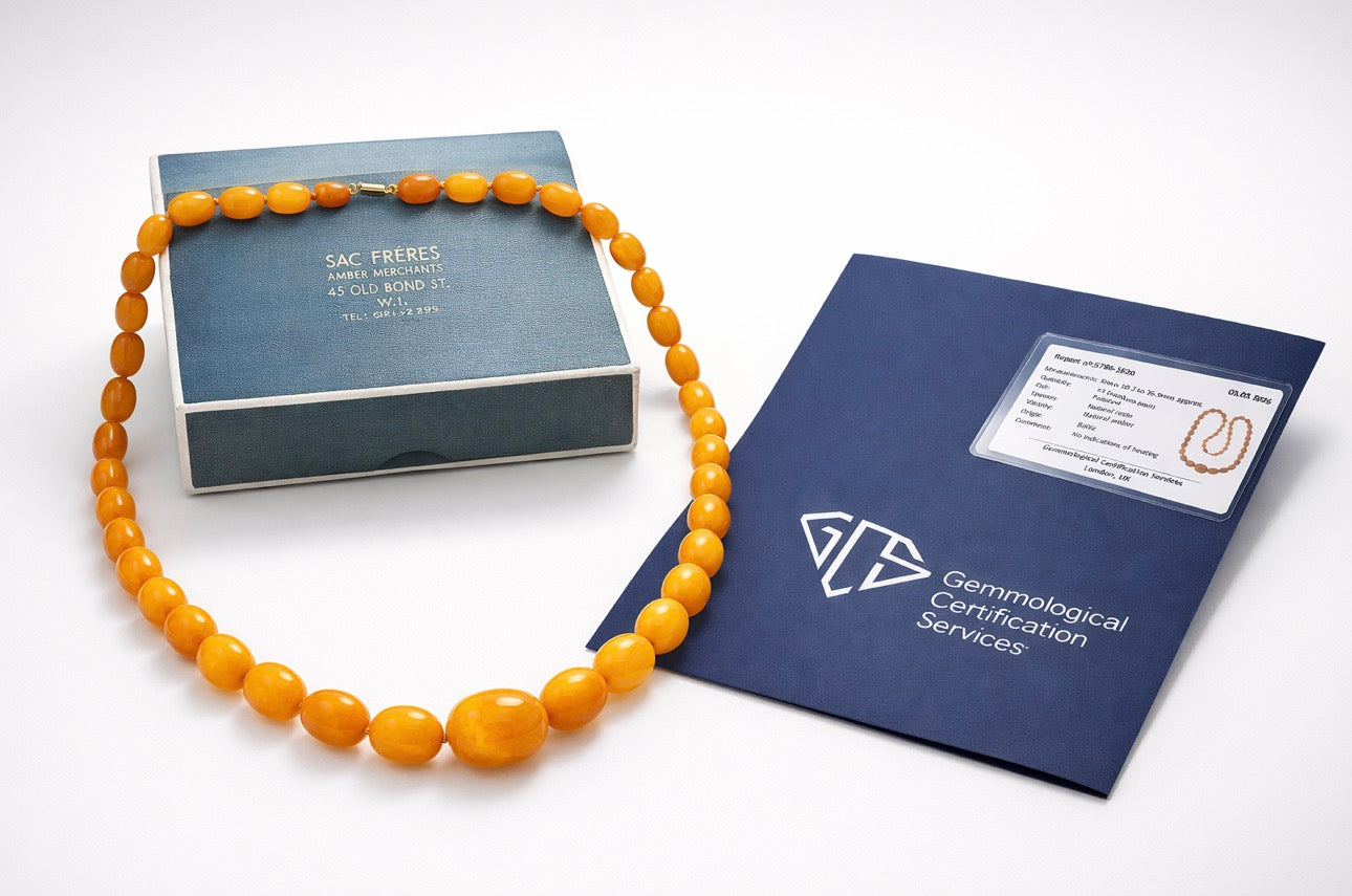 Antique Baltic Butterscotch Amber Bead Necklace, 104g, 30mm Bead Sac Freres