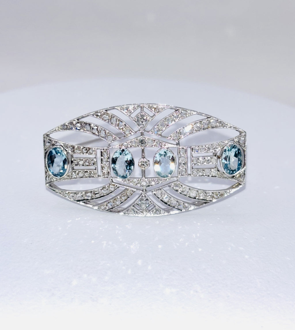 ART DECO PLATINUM, 18K Gold, Diamonds and Aquamarines Brooch c1920’s