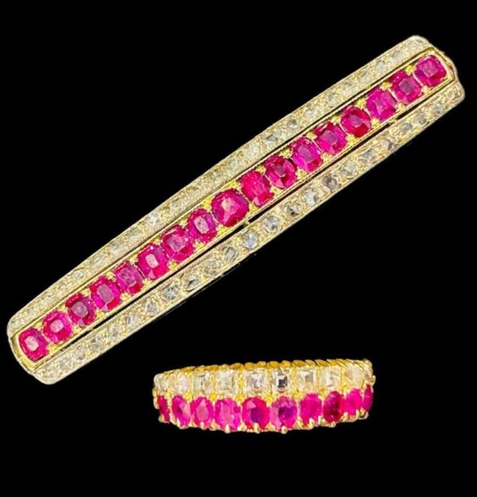 Antique Edwardian Ruby Diamond Brooch & Half Eternity Ring Suite, Circa 1900