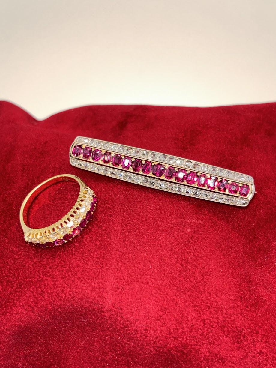Antique Edwardian Ruby Diamond Brooch & Half Eternity Ring Suite, Circa 1900
