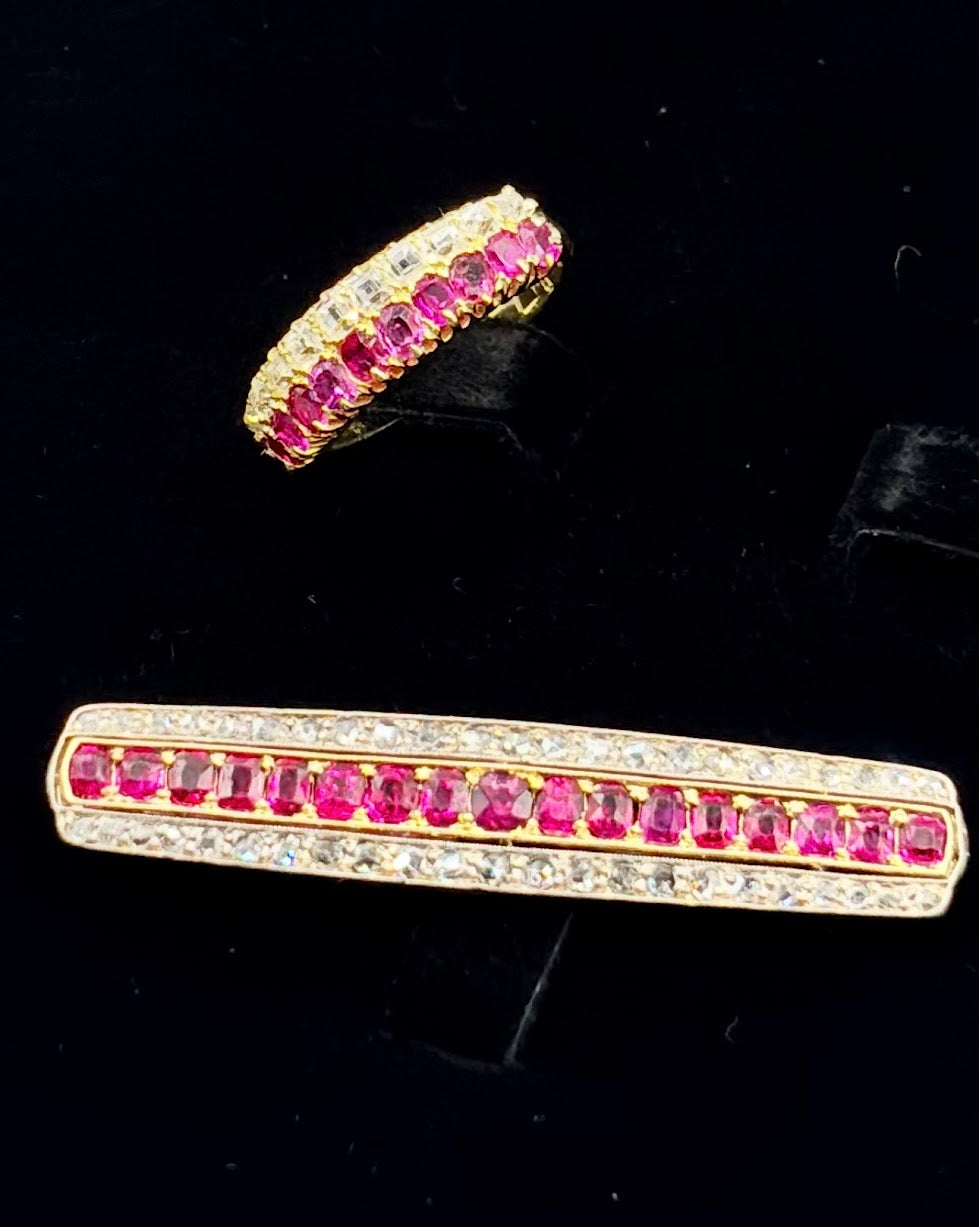 Antique Edwardian Ruby Diamond Brooch & Half Eternity Ring Suite, Circa 1900