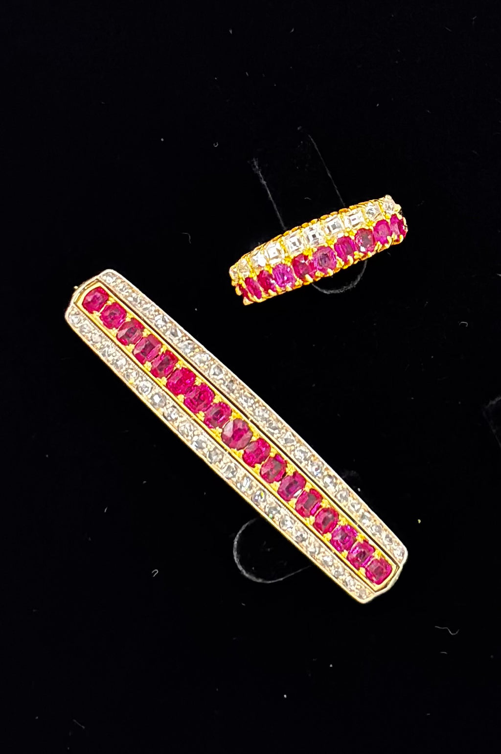 Antique Edwardian Ruby Diamond Brooch & Half Eternity Ring Suite, Circa 1900